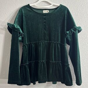 Elegant Dark Green Velvet and Silver Blouse with Ruffle Details Christmas Top M